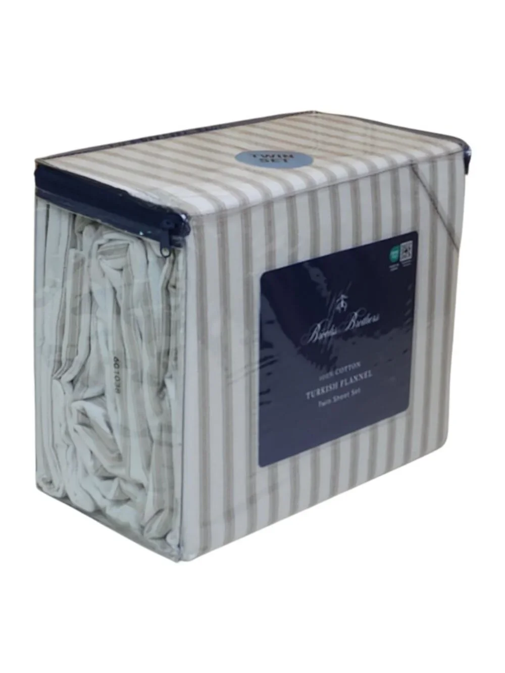 Brooks Brothers Turkish Flannel Twin Sheet Set 100% Cotton Striped Beige